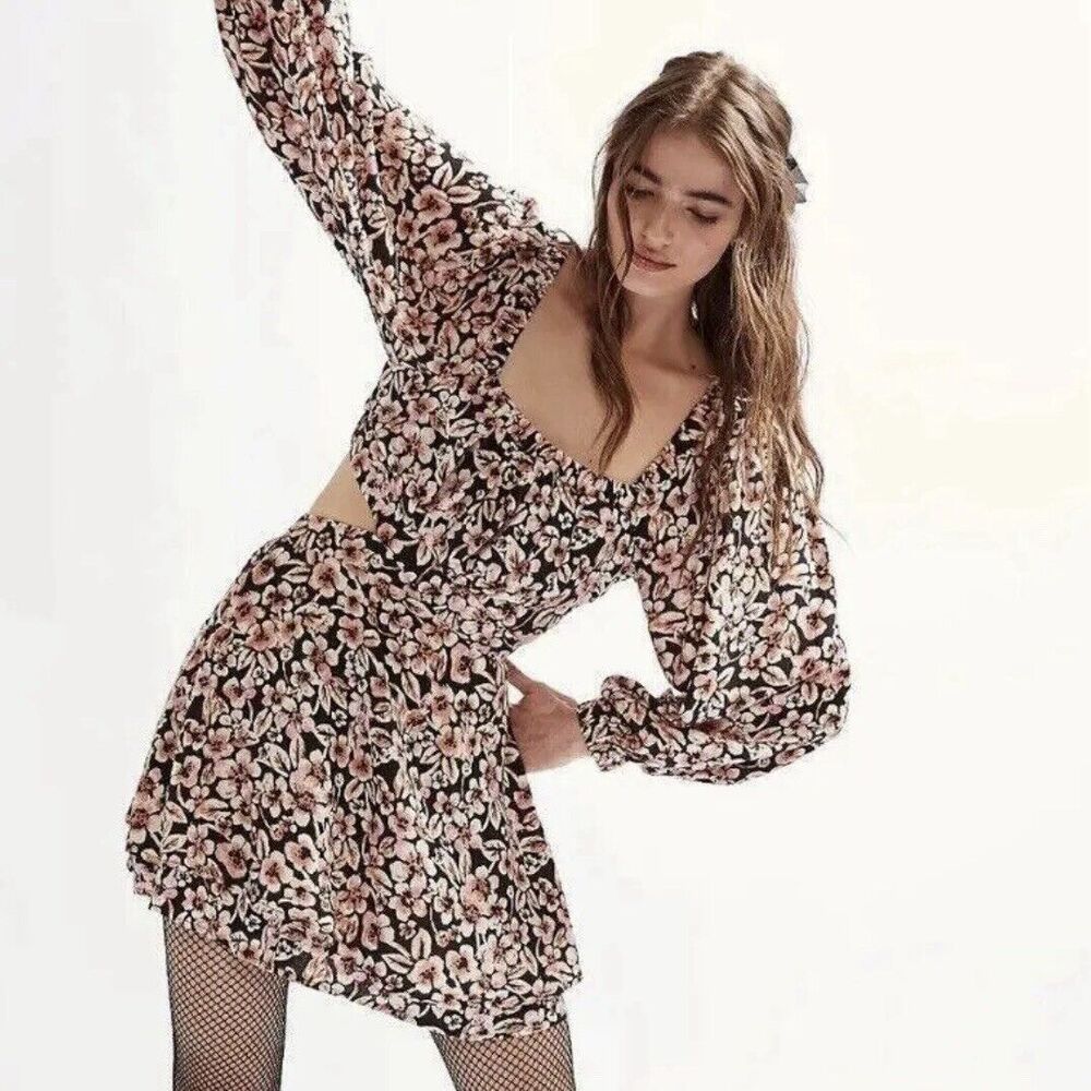 Free People Floral Mini Dress Size Small Jael Cutout Boho Feminine Long Sleeve